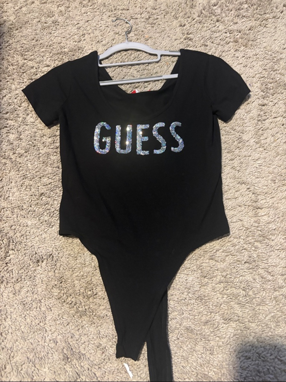Guess Black Bodysuit with Iridescent Sequin Logo